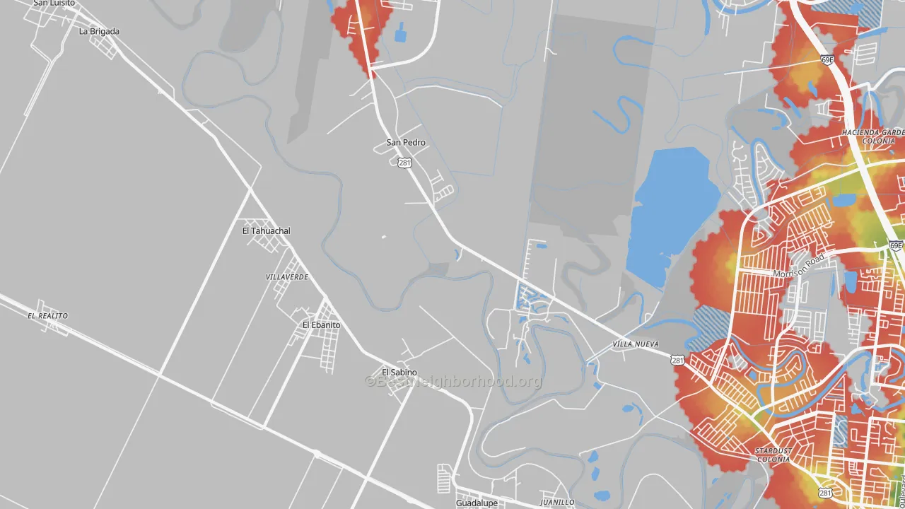 Walk Grade map of Villa Nueva, TX, walkable areas in green and car-dependent areas in red