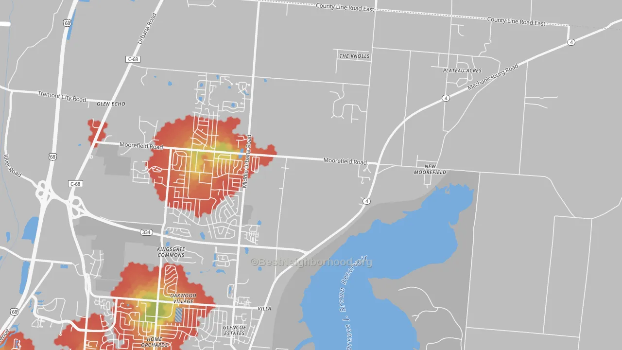 Walk Grade map of Villa, OH, walkable areas in green and car-dependent areas in red