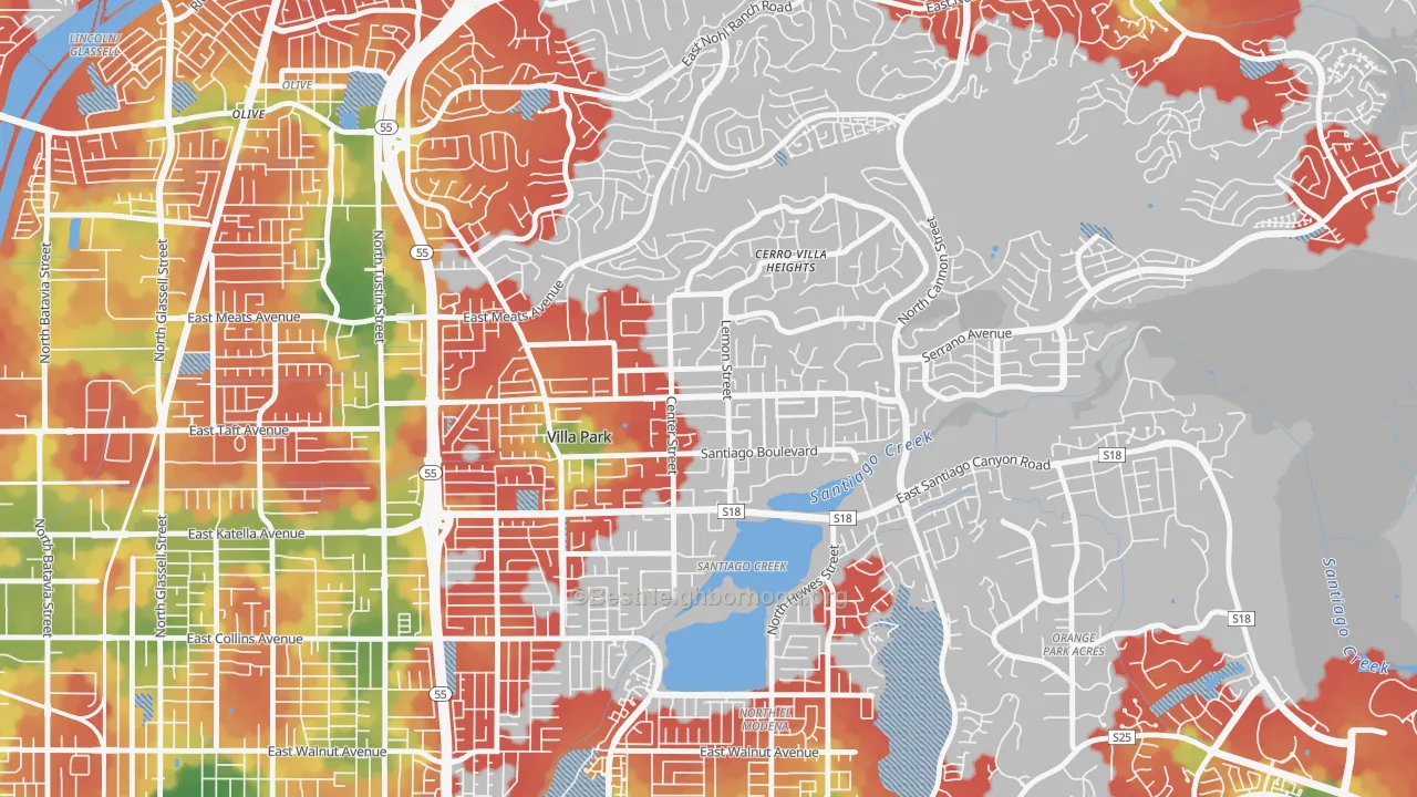 Walk Grade map of Villa Park, CA, walkable areas in green and car-dependent areas in red