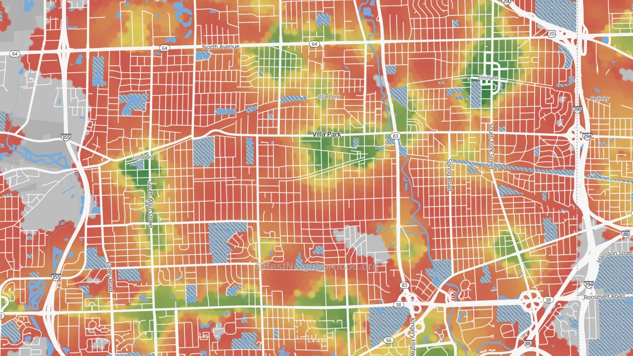 Walk Grade map of Villa Park, IL, walkable areas in green and car-dependent areas in red