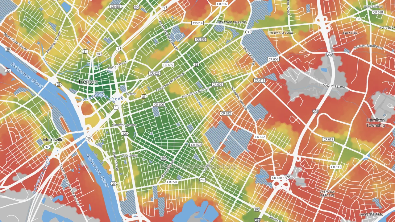 Walk Grade map of Villa Park, Trenton, NJ, walkable areas in green and car-dependent areas in red