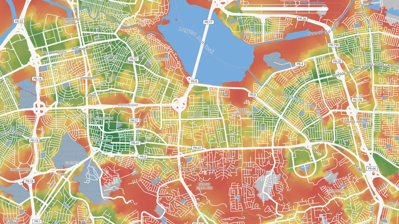 Walk Grade map of Villa Prades, San Juan, PR, walkable areas in green and car-dependent areas in red