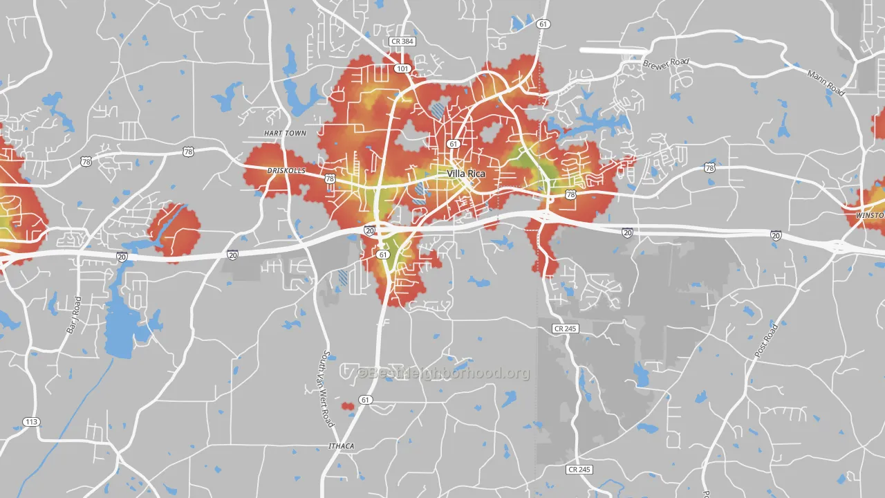 Walk Grade map of Villa Rica, GA, walkable areas in green and car-dependent areas in red