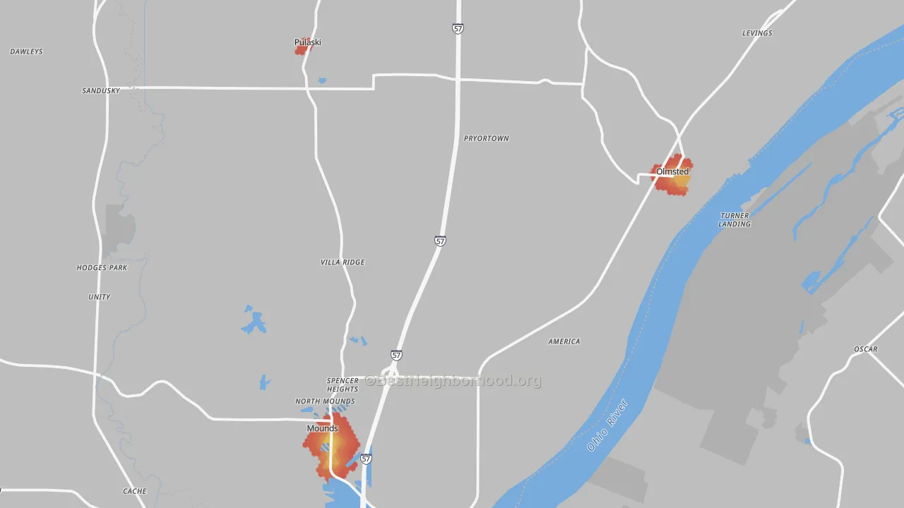 Walk Grade map of Villa Ridge, IL, walkable areas in green and car-dependent areas in red