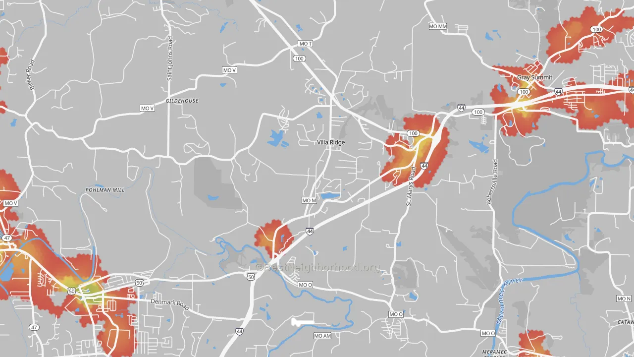Walk Grade map of Villa Ridge, MO, walkable areas in green and car-dependent areas in red