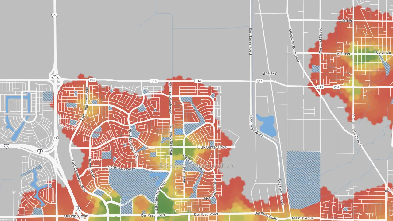 Walk Grade map of Village 11, Sacramento, CA, walkable areas in green and car-dependent areas in red