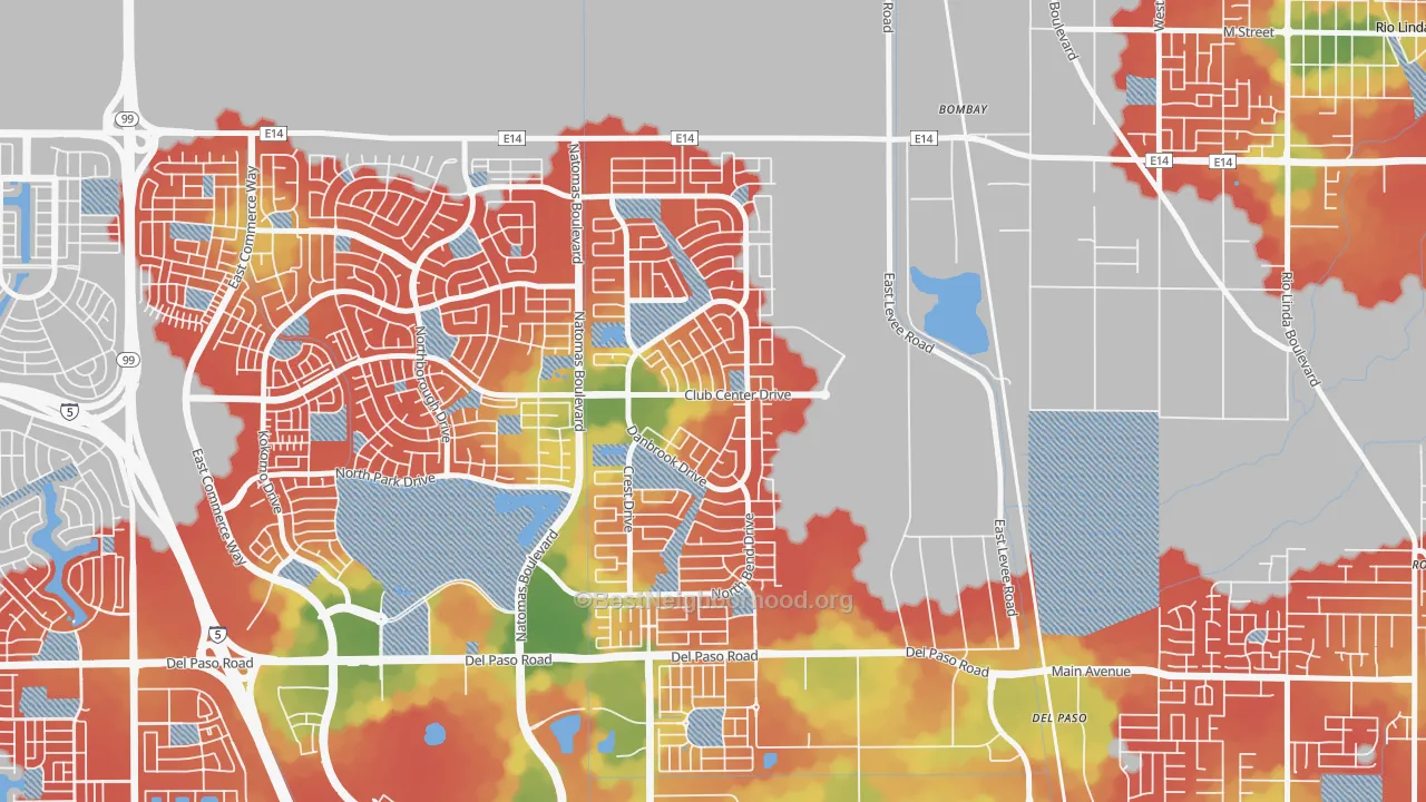 Walk Grade map of Village 12, Sacramento, CA, walkable areas in green and car-dependent areas in red