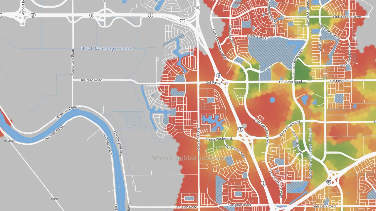 Walk Grade map of Village 2, Sacramento, CA, walkable areas in green and car-dependent areas in red