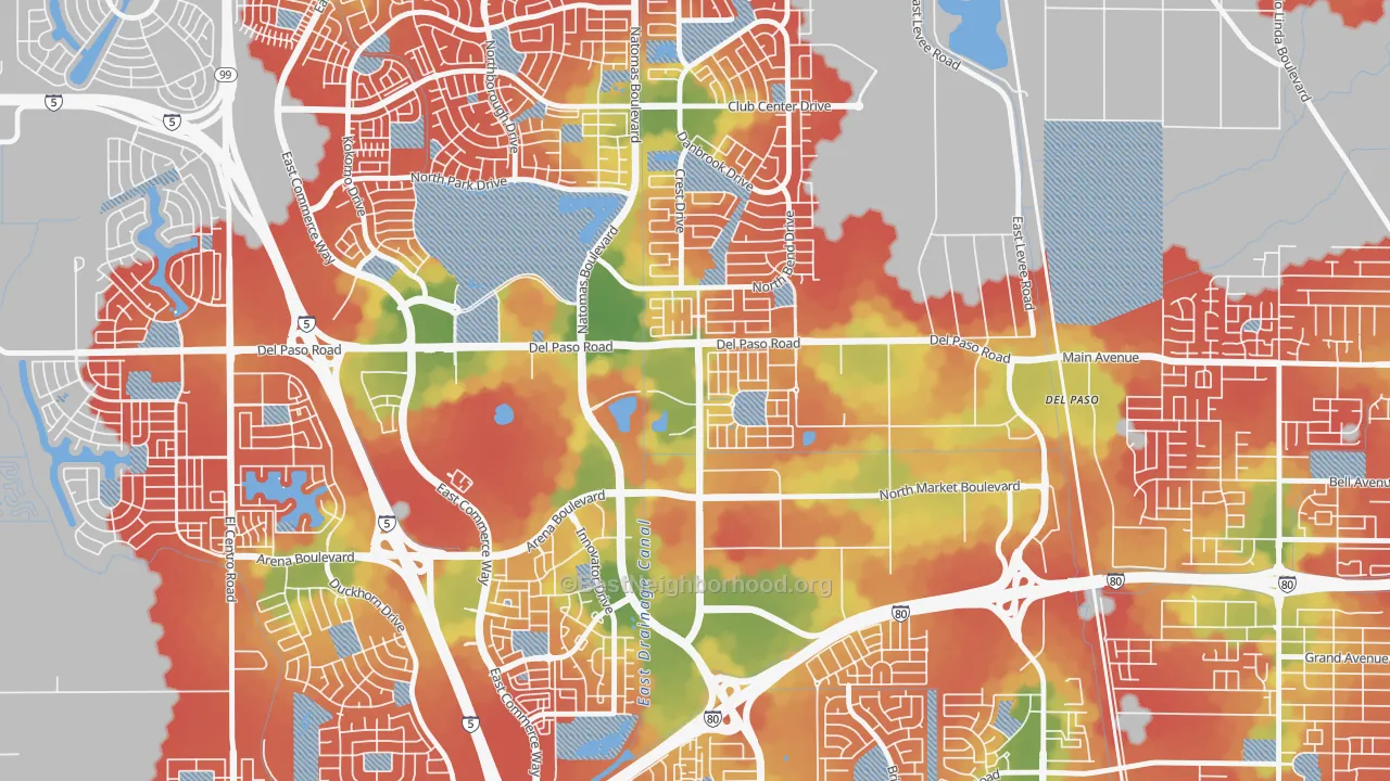 Walk Grade map of Village 5, Sacramento, CA, walkable areas in green and car-dependent areas in red