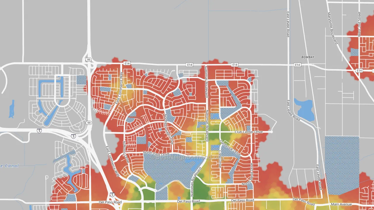 Walk Grade map of Village 9, Sacramento, CA, walkable areas in green and car-dependent areas in red