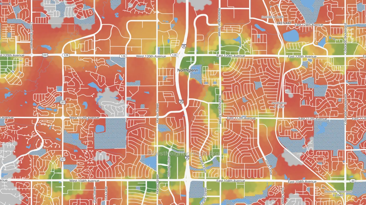 Walk Grade map of Village at North Hills, Northglenn, CO, walkable areas in green and car-dependent areas in red