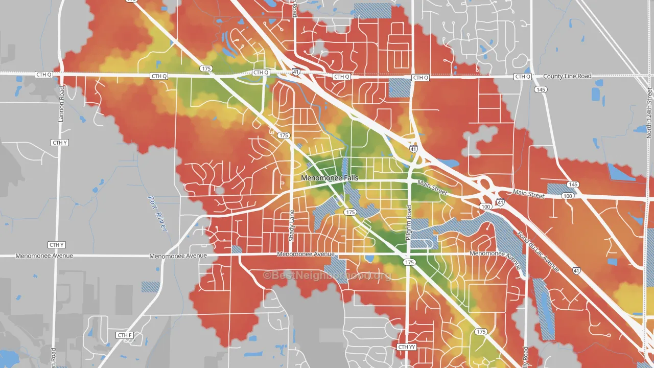 Walk Grade map of Village Centre, Menomonee Falls, WI, walkable areas in green and car-dependent areas in red
