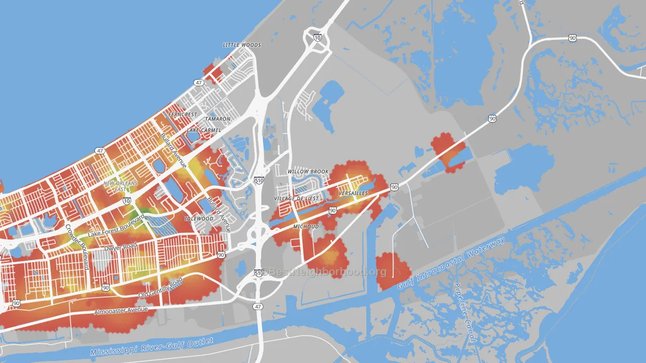 Walk Grade map of Village de L'Est, New Orleans, LA, walkable areas in green and car-dependent areas in red