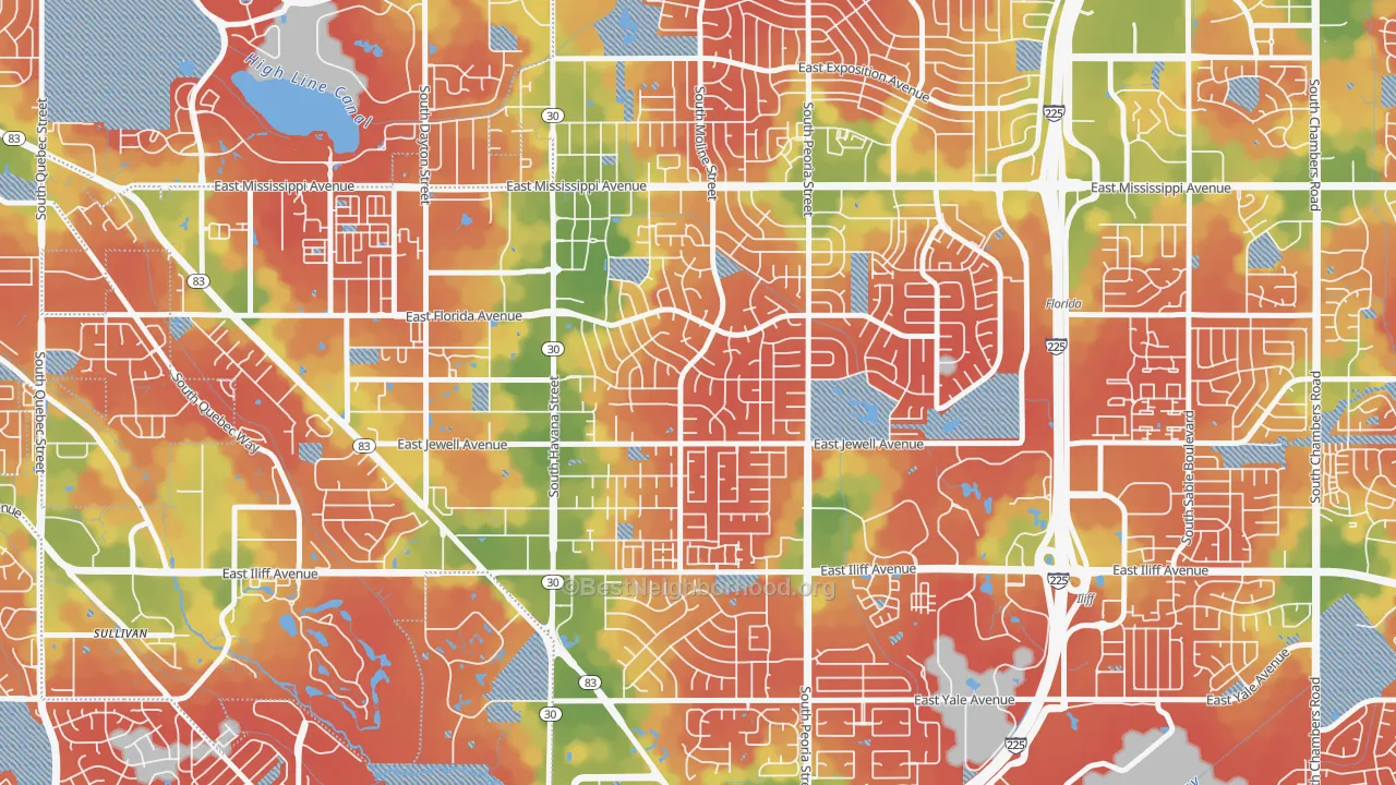 Walk Grade map of Village East, Aurora, CO, walkable areas in green and car-dependent areas in red