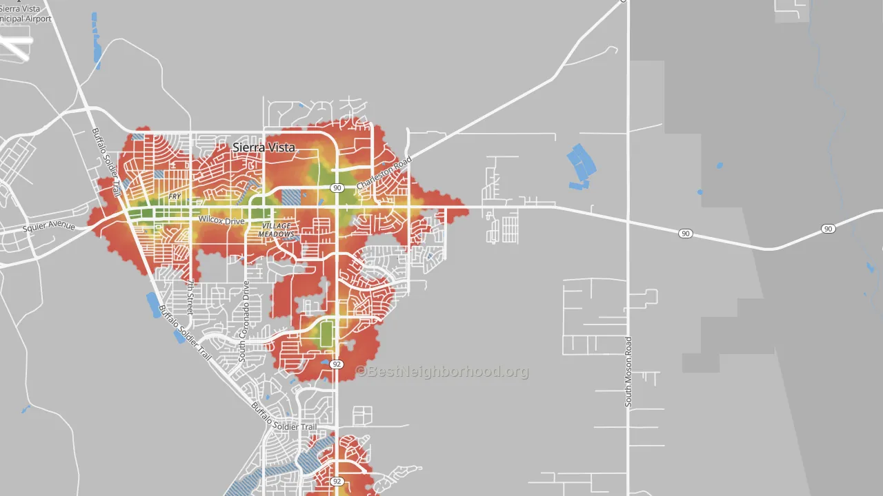 Walk Grade map of Village Meadows, AZ, walkable areas in green and car-dependent areas in red