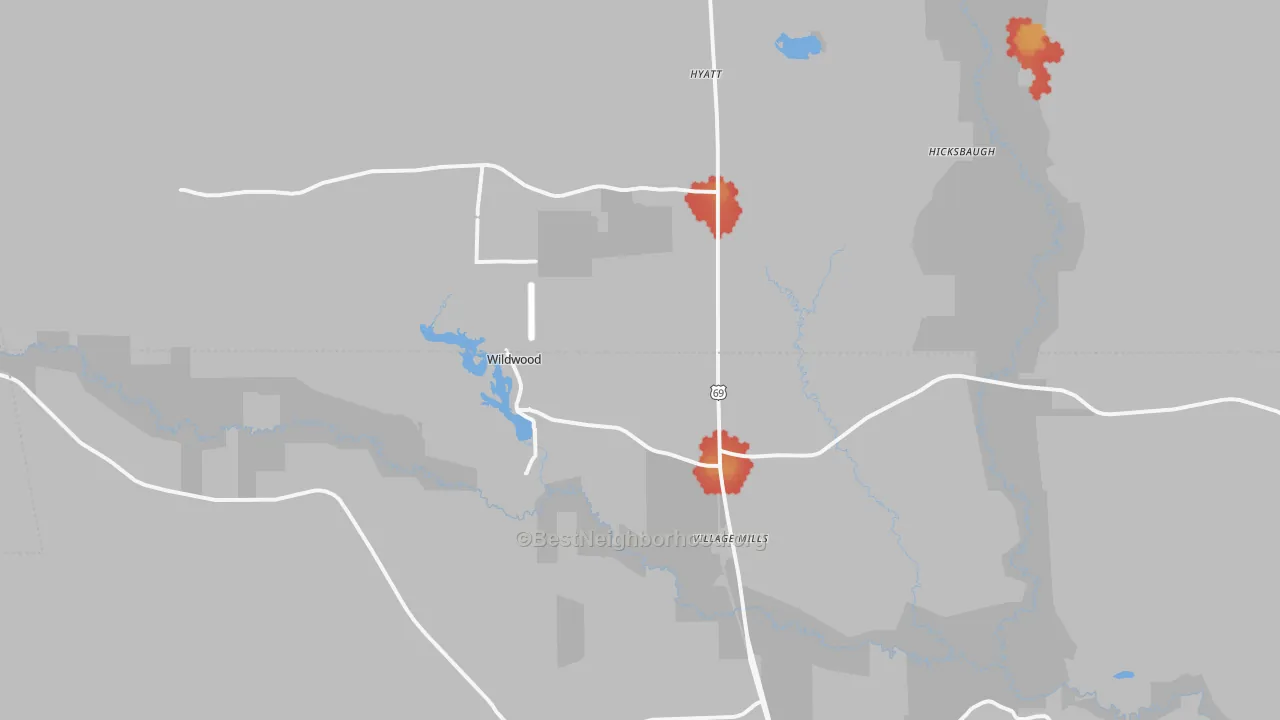 Walk Grade map of Village Mills, TX, walkable areas in green and car-dependent areas in red