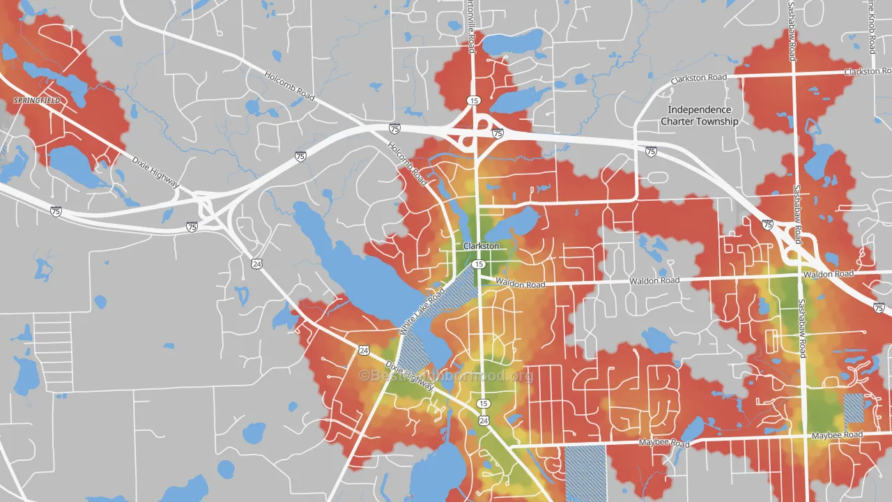 Walk Grade map of Village of Clarkston, MI, walkable areas in green and car-dependent areas in red