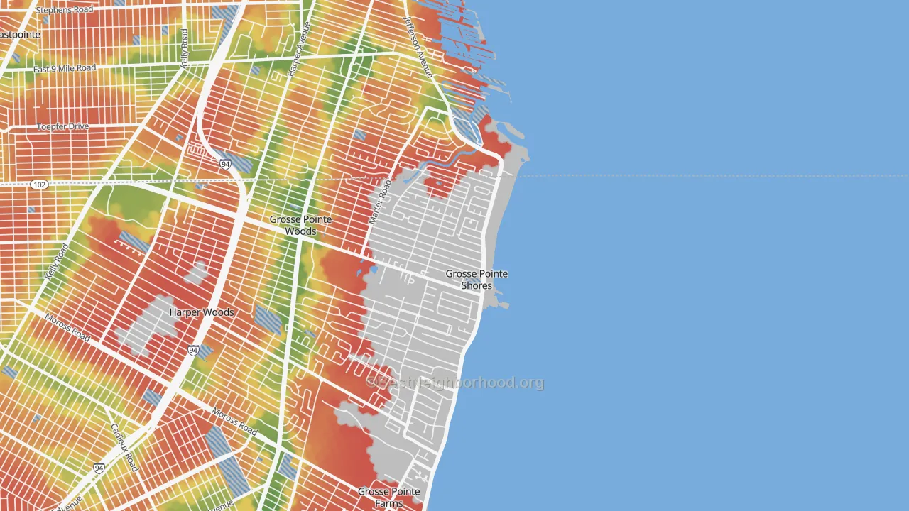 Walk Grade map of Village of Grosse Pointe Shores, MI, walkable areas in green and car-dependent areas in red