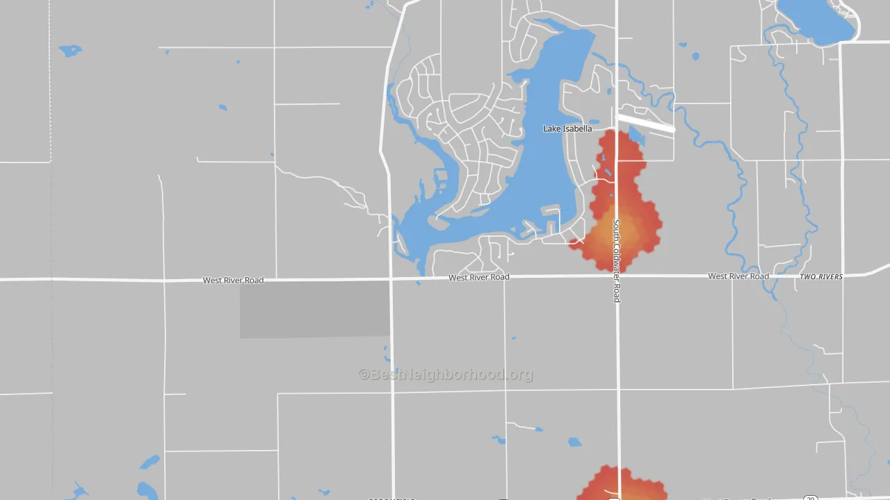 Walk Grade map of Village of Lake Isabella, MI, walkable areas in green and car-dependent areas in red