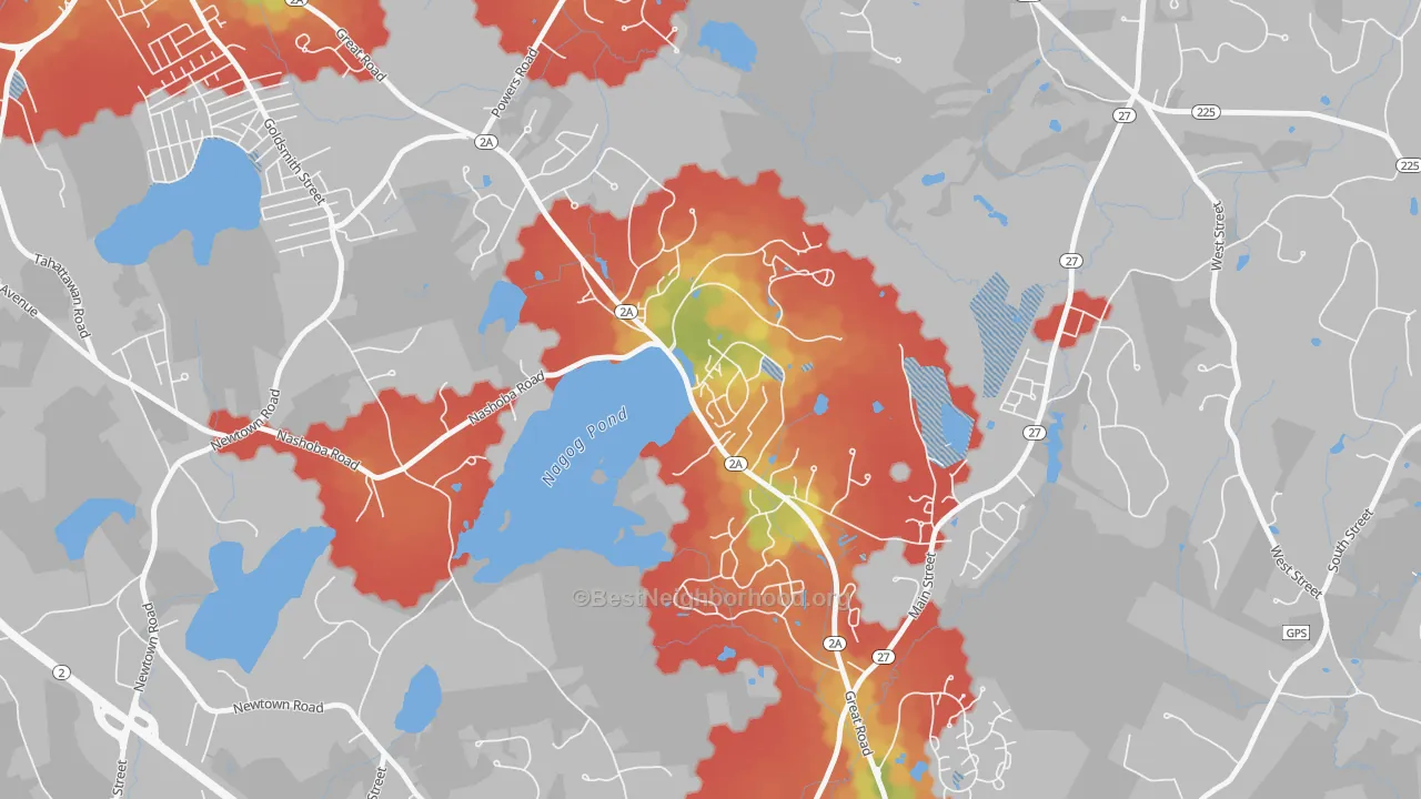 Walk Grade map of Village Of Nagog Woods, MA, walkable areas in green and car-dependent areas in red