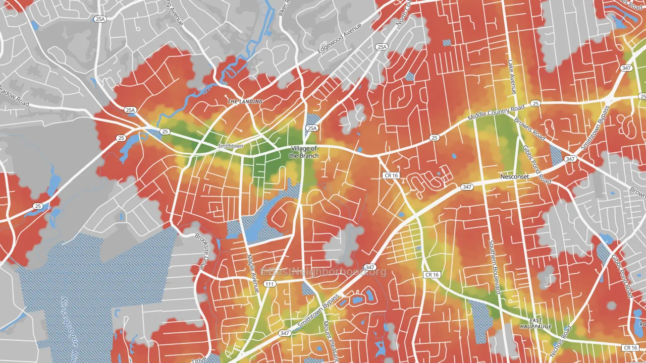 Walk Grade map of Village of the Branch, NY, walkable areas in green and car-dependent areas in red