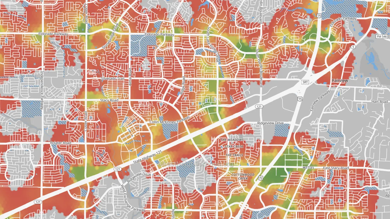 Walk Grade map of Village Park, McKinney, TX, walkable areas in green and car-dependent areas in red