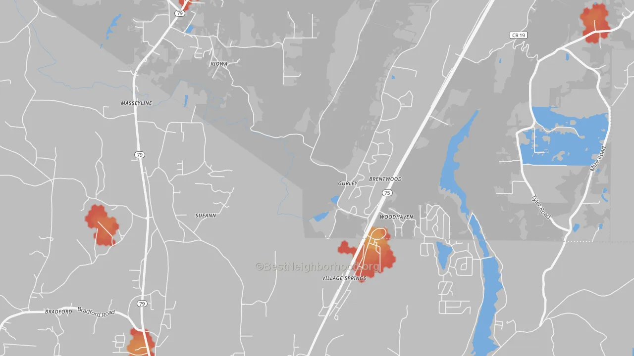 Walk Grade map of Village Springs, AL, walkable areas in green and car-dependent areas in red