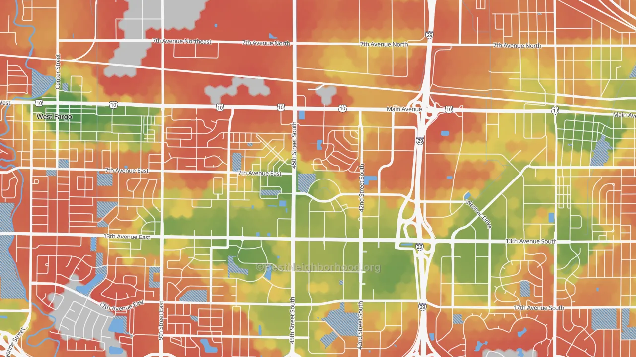Walk Grade map of Village West, Fargo, ND, walkable areas in green and car-dependent areas in red