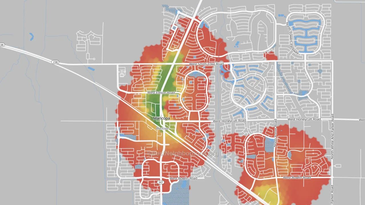 Walk Grade map of Villages at Rancho El Dorado, Silver Bell, AZ, walkable areas in green and car-dependent areas in red