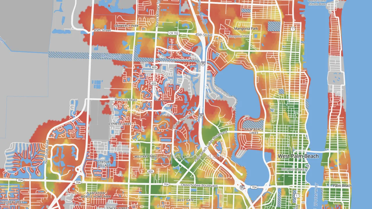 Walk Grade map of Villages of Palm Beach Lakes, West Palm Beach, FL, walkable areas in green and car-dependent areas in red