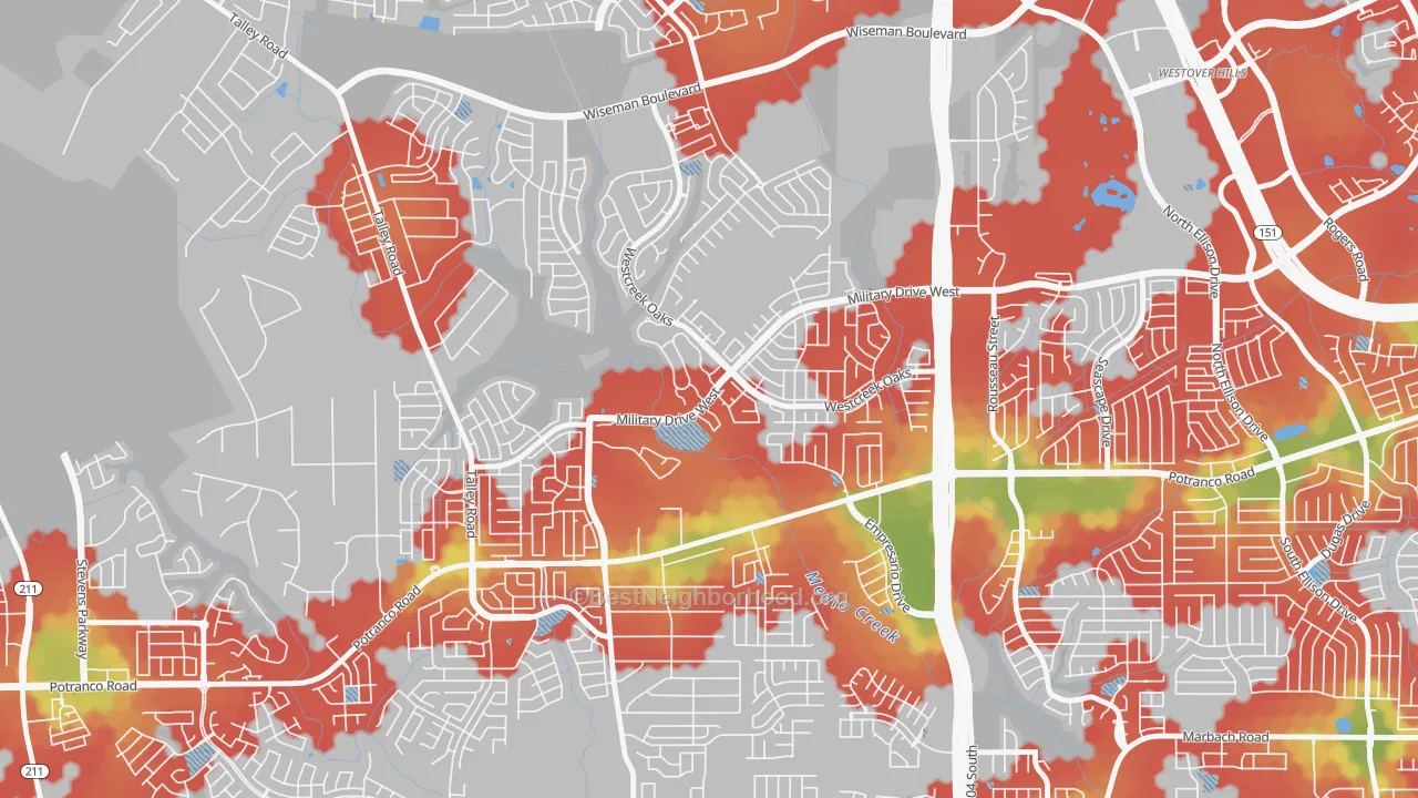 Walk Grade map of Villages of Westcreek, San Antonio, TX, walkable areas in green and car-dependent areas in red