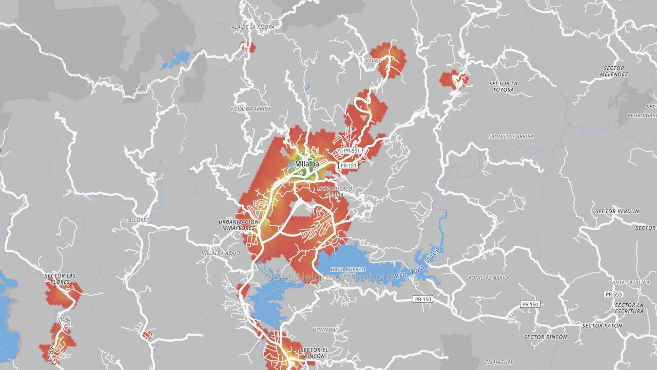 Walk Grade map of Villalba Municipio, PR, walkable areas in green and car-dependent areas in red