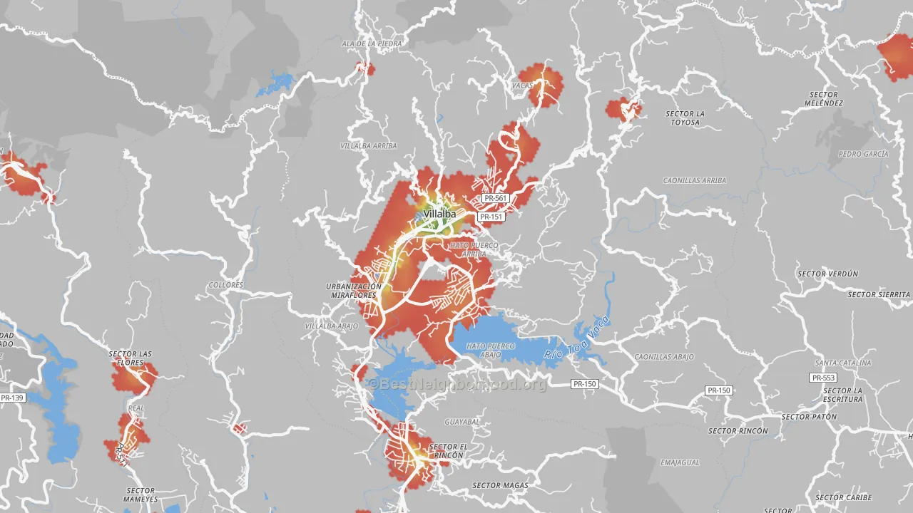 Walk Grade map of Villalba, PR, walkable areas in green and car-dependent areas in red