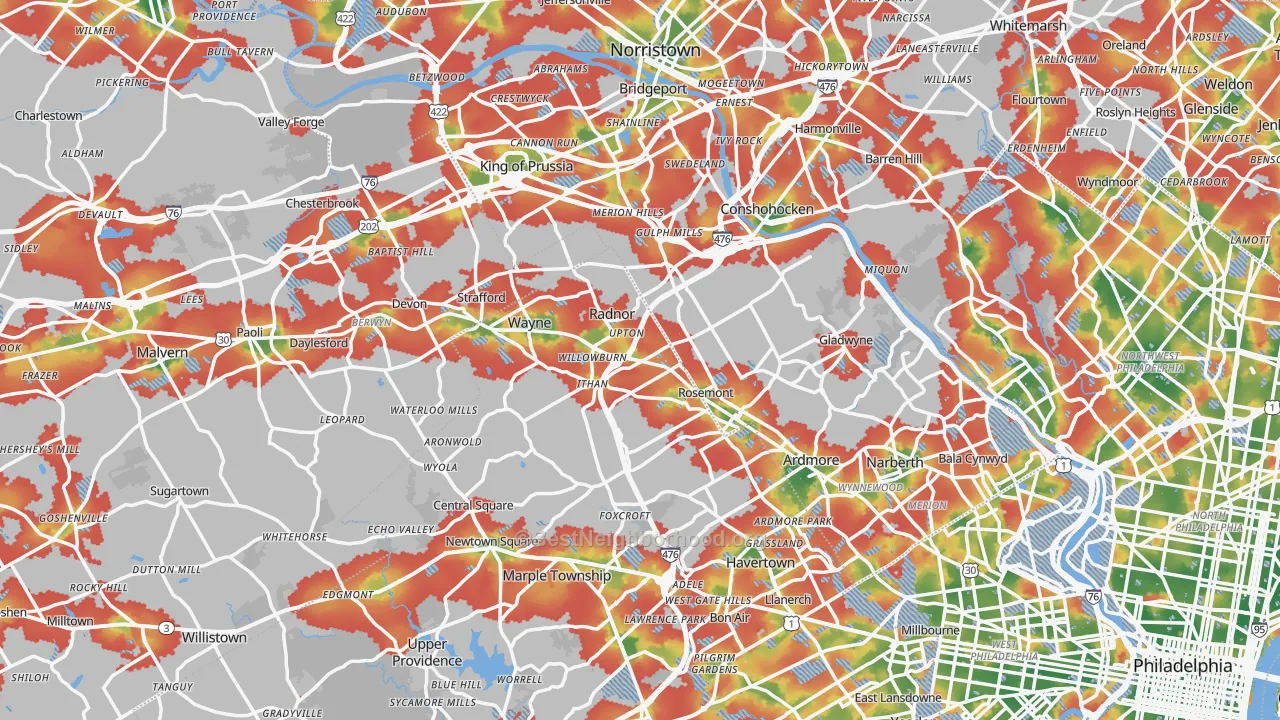 Walk Grade map of Villanova, PA, walkable areas in green and car-dependent areas in red
