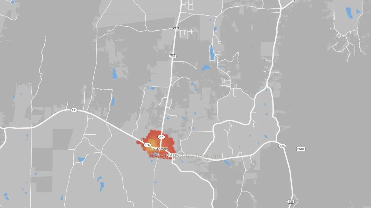 Walk Grade map of Villanow, GA, walkable areas in green and car-dependent areas in red