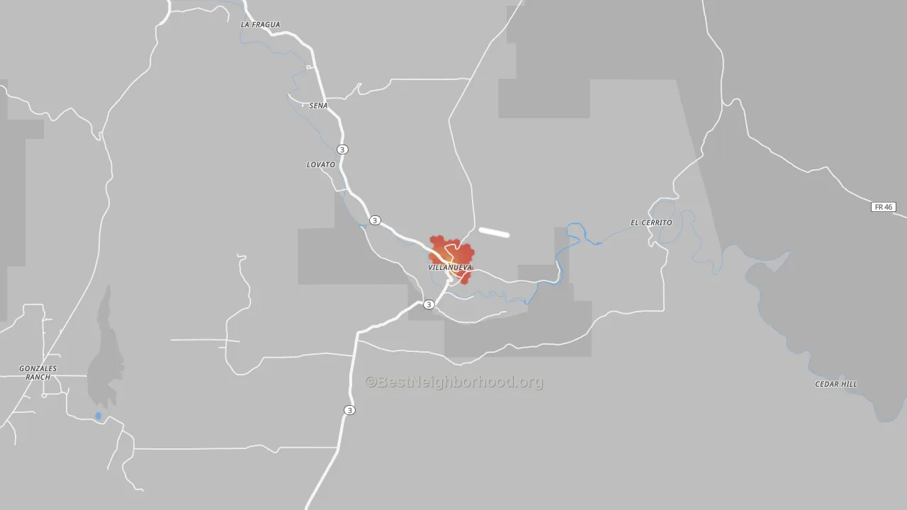 Walk Grade map of Villanueva, NM, walkable areas in green and car-dependent areas in red