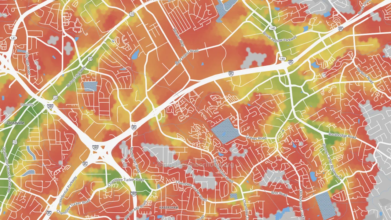 Walk Grade map of Villas at Norcross, Norcross, GA, walkable areas in green and car-dependent areas in red