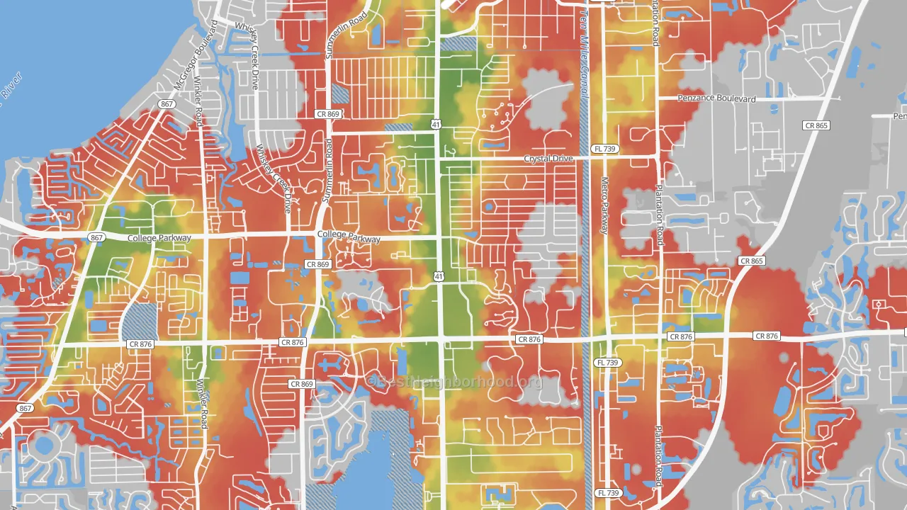 Walk Grade map of Villas, FL, walkable areas in green and car-dependent areas in red