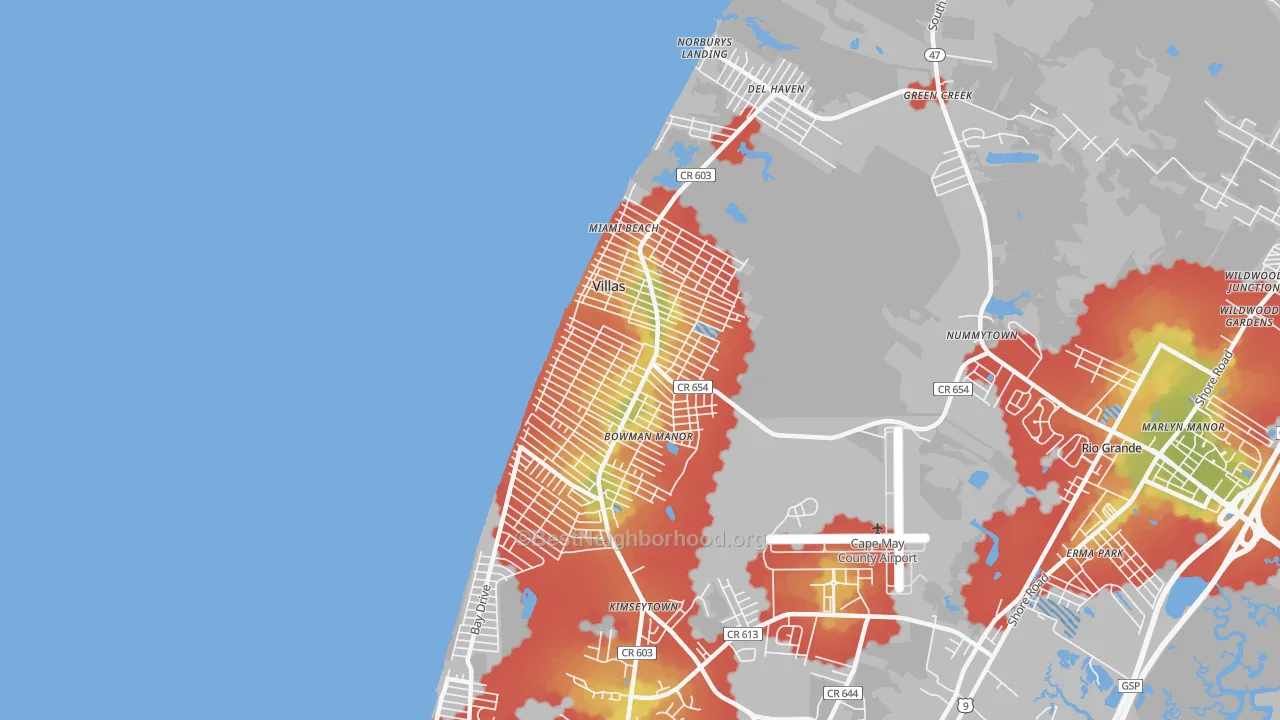 Walk Grade map of Villas, NJ, walkable areas in green and car-dependent areas in red