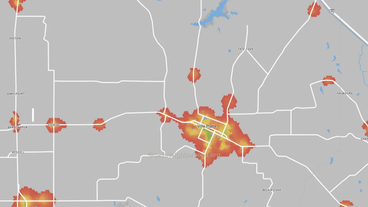 Walk Grade map of Ville Platte, LA, walkable areas in green and car-dependent areas in red