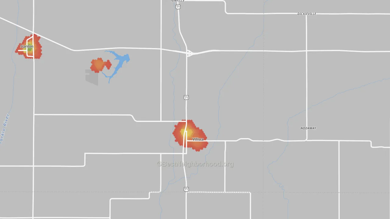 Walk Grade map of Villisca, IA, walkable areas in green and car-dependent areas in red
