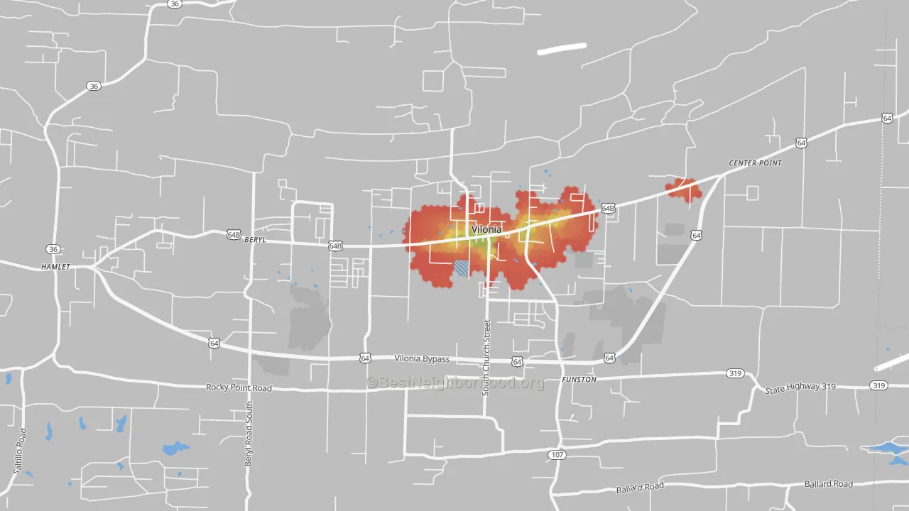 Walk Grade map of Vilonia, AR, walkable areas in green and car-dependent areas in red