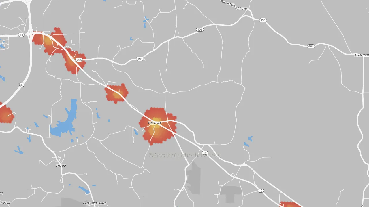 Walk Grade map of Vimville, MS, walkable areas in green and car-dependent areas in red