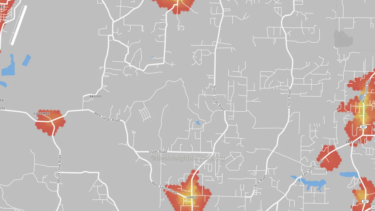 Walk Grade map of Vimy Ridge, AR, walkable areas in green and car-dependent areas in red