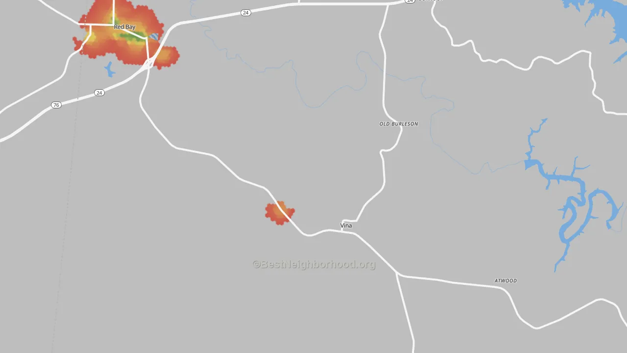 Walk Grade map of Vina, AL, walkable areas in green and car-dependent areas in red
