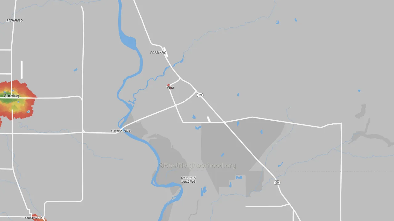 Walk Grade map of Vina, CA, walkable areas in green and car-dependent areas in red