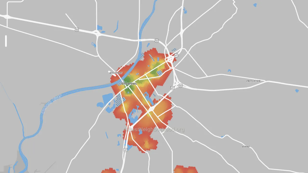 Walk Grade map of Vincennes, IN, walkable areas in green and car-dependent areas in red