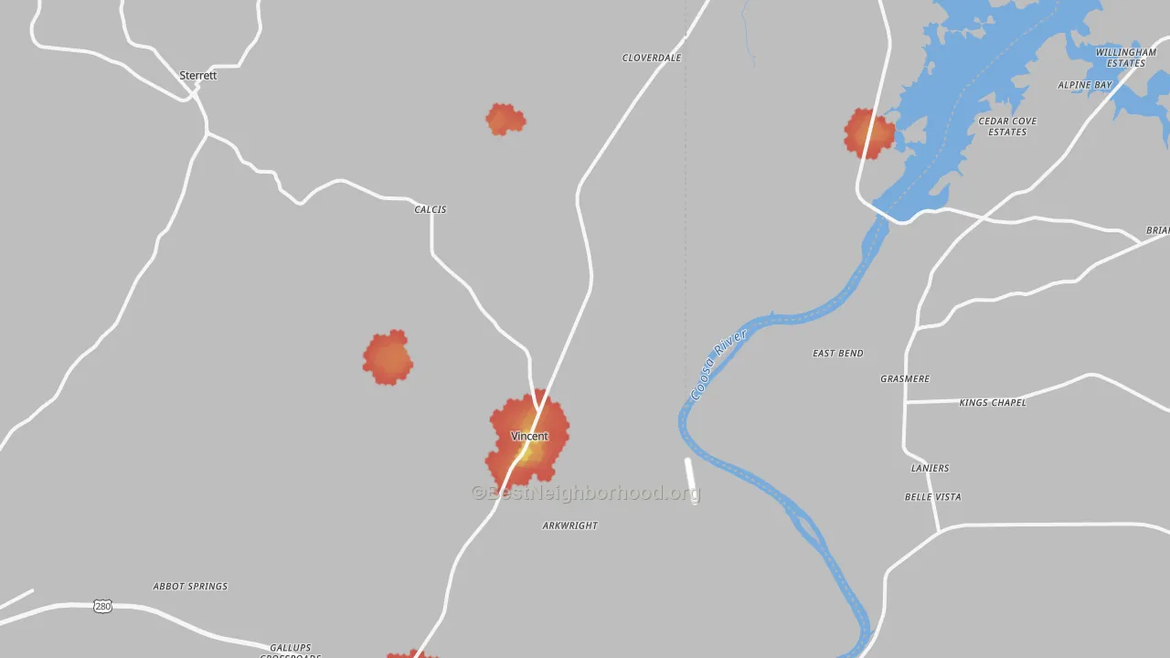 Walk Grade map of Vincent, AL, walkable areas in green and car-dependent areas in red