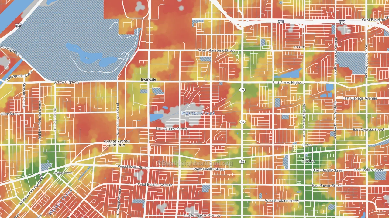 Walk Grade map of Vincent, CA, walkable areas in green and car-dependent areas in red