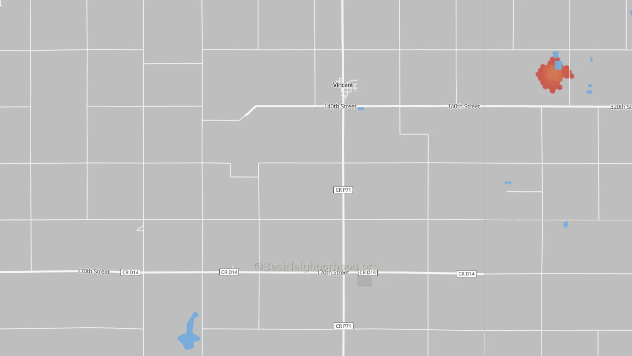Walk Grade map of Vincent, IA, walkable areas in green and car-dependent areas in red